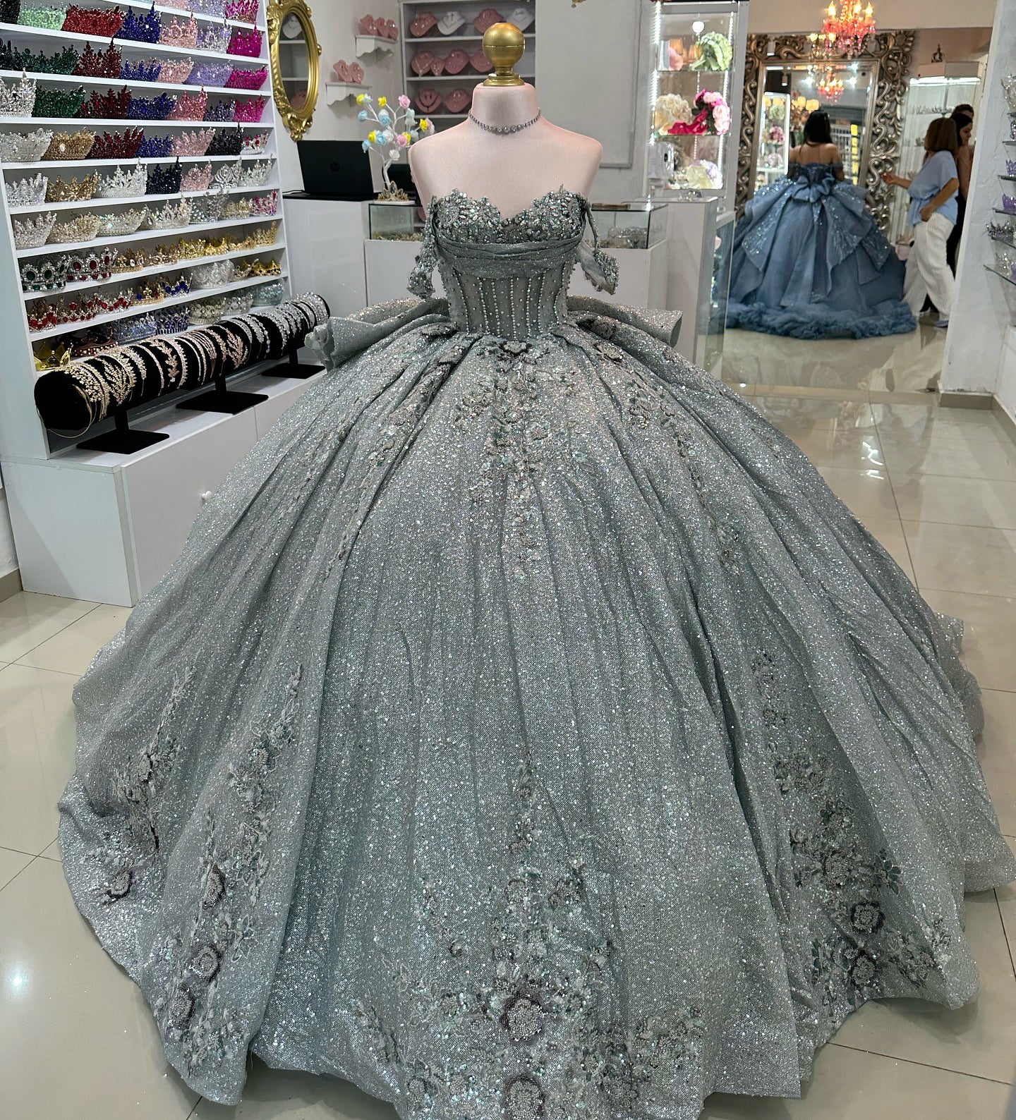 Glittery Tulle Beaded Corset Off Shoulder Quinceanera Dresses for Sweet 16 Party HE966