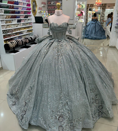 Glittery Tulle Beaded Corset Off Shoulder Quinceanera Dresses for Sweet 16 Party HE966