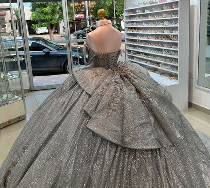 Glittery Tulle Beaded Corset Off Shoulder Quinceanera Dresses for Sweet 16 Party HE966