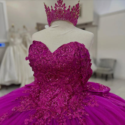 Princess Ball Gown Fuchsia Off Shoulder Tulle Appliqued Quinceanera Dresses HE958