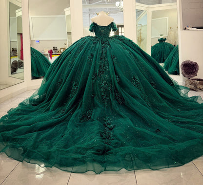 Emerald Green Tulle Appliqued Off Shoulder Quinceanera Dresses for Sweet 16 Party HE967