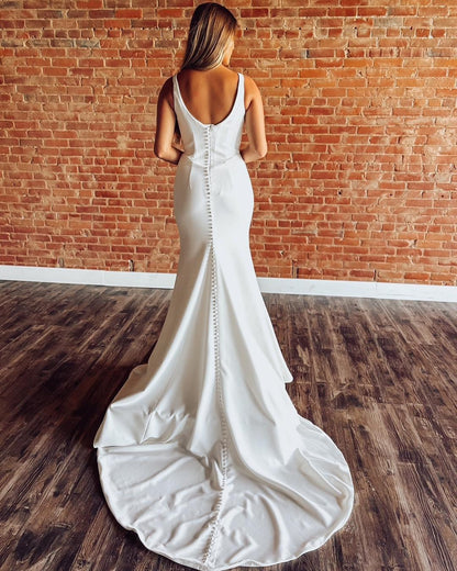 White Satin Mermaid Wedding Dresses Square Neck Corset Wedding Gowns for Bride HE1123