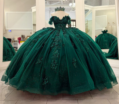 Emerald Green Tulle Appliqued Off Shoulder Quinceanera Dresses for Sweet 16 Party HE967