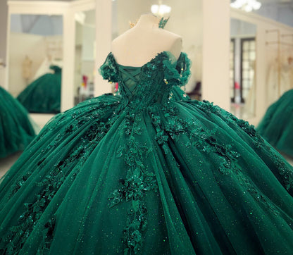 Emerald Green Tulle Appliqued Off Shoulder Quinceanera Dresses for Sweet 16 Party HE967