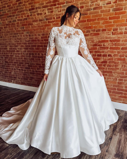 Lace Long Sleeves Satin Wedding Dresses A Line High Neck Bridal Wedding Gowns for Women HE1120