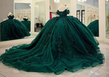 Emerald Green Tulle Appliqued Off Shoulder Quinceanera Dresses for Sweet 16 Party HE967