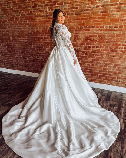 Lace Long Sleeves Satin Wedding Dresses A Line High Neck Bridal Wedding Gowns for Women HE1120