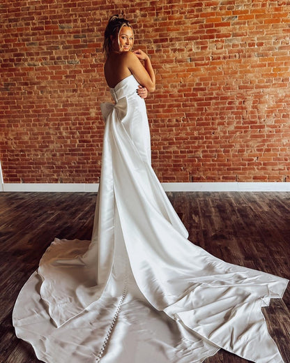 Satin Strapless Bowknot Wedding Dresses Mermaid Sweetheart Wedding Gowns for Bride HE1117