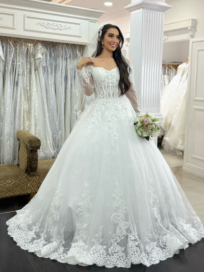 Off Shoulder A Line Tulle Corset Lace Appliqued Wedding Dresses for Women HE989