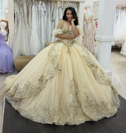 Champagne Tulle Lace Appliqued Sweetheart Quinceanera Dresses for Sweet 16 HE1003