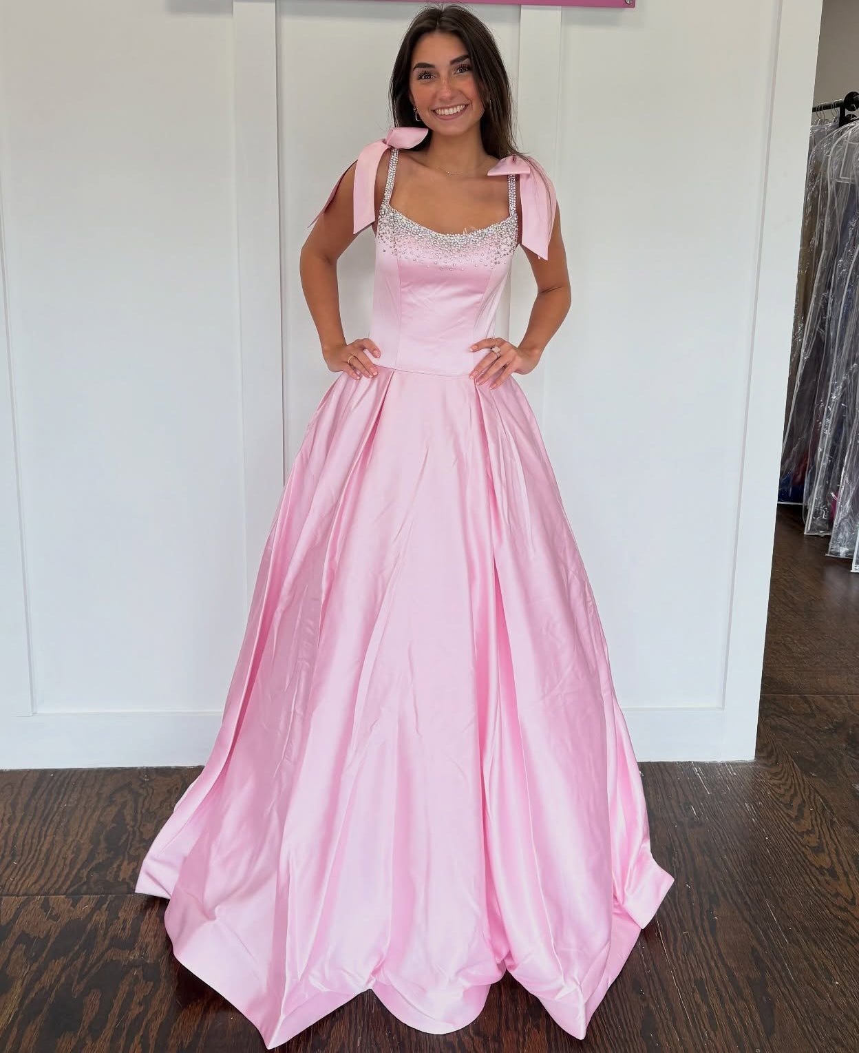 A Line Satin Beaded Long Prom Dresses Sweetheart Evening Party Gowns for Women HE1082