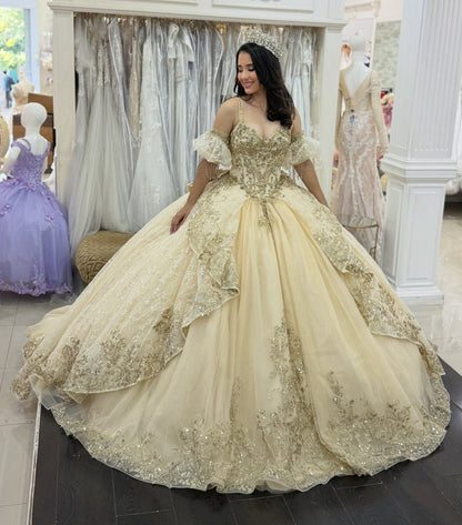 Champagne Tulle Lace Appliqued Sweetheart Quinceanera Dresses for Sweet 16 HE1003