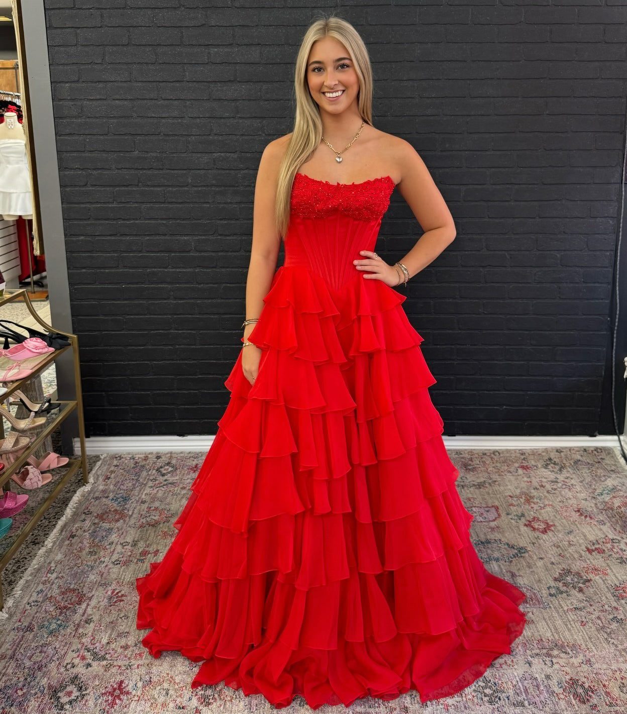 Women's A Line Chiffon Sweetheart Corset Prom Dresses Long with Ruffles HE1027