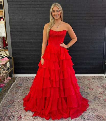 Women's A Line Chiffon Sweetheart Corset Prom Dresses Long with Ruffles HE1027