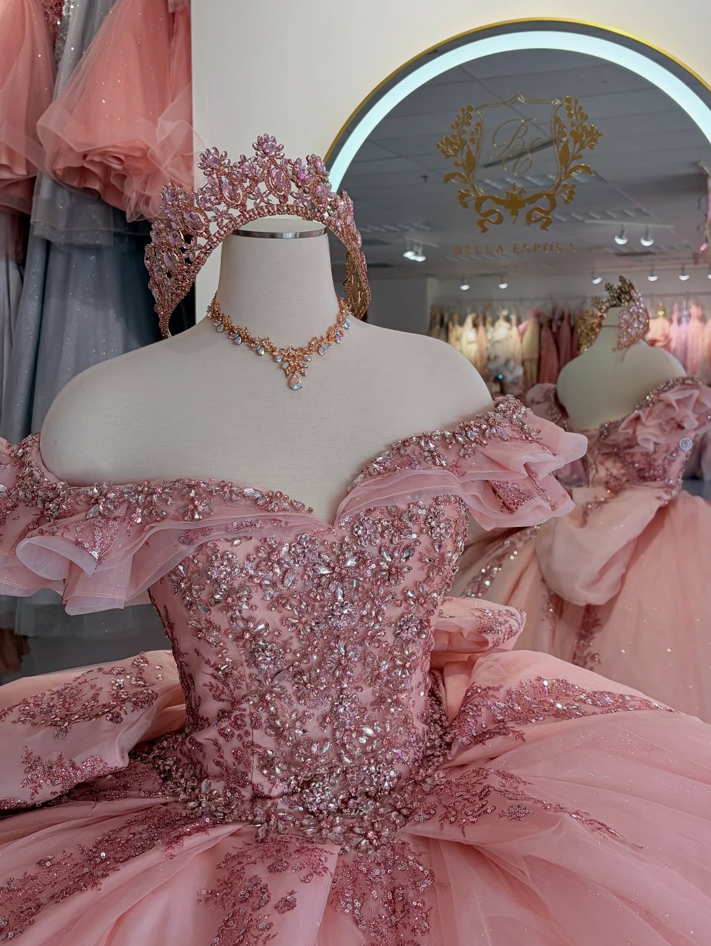 Gorgeous Princess Ball Gown Pink Quinceanera Dresses Tulle Appliqued Sweet 16 Party Gowns HE1051