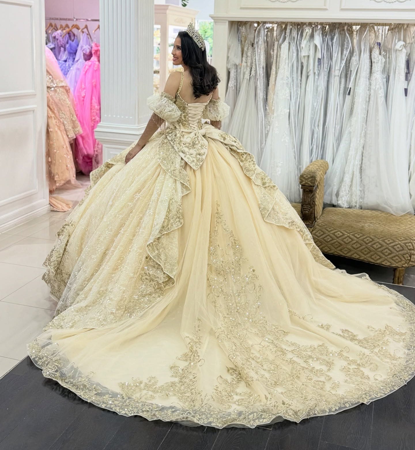 Champagne Tulle Lace Appliqued Sweetheart Quinceanera Dresses for Sweet 16 HE1003