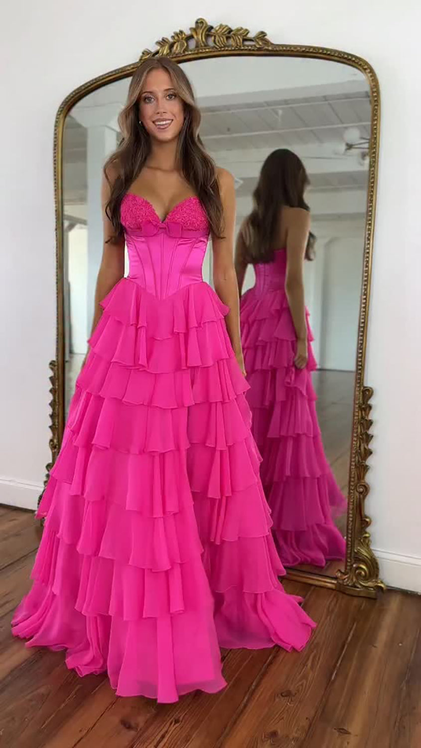 Women's A Line Chiffon Ruffled Prom Dresses Long Corset Appliqued Evening Dress with Split HE1029