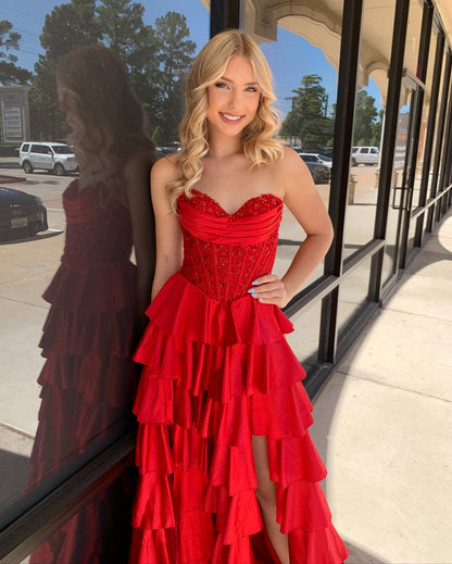 Sweetheart Satin Ruffled Long Prom Dresses A Line Corset Appliqued Party Gowns for Women HE1026