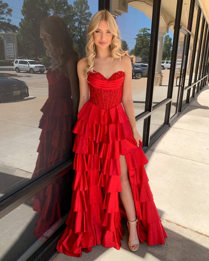 Sweetheart Satin Ruffled Long Prom Dresses A Line Corset Appliqued Party Gowns for Women HE1026