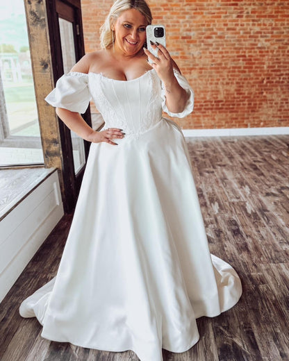 Off Shoulder Satin A Line Wedding Dresses Sweetheart Corset Beach Bridal Wedding Gowns HE1118