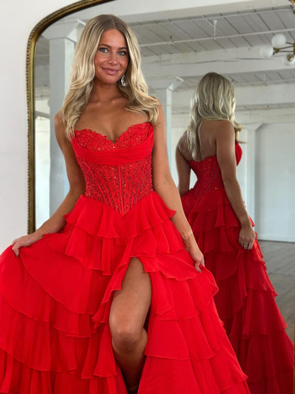 Women's A Line Chiffon Ruffled Long Prom Dresses Sweetheart Corset Party Gowns with Slit HE1035