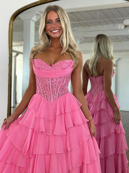 Women's A Line Chiffon Ruffled Long Prom Dresses Sweetheart Corset Party Gowns with Slit HE1035