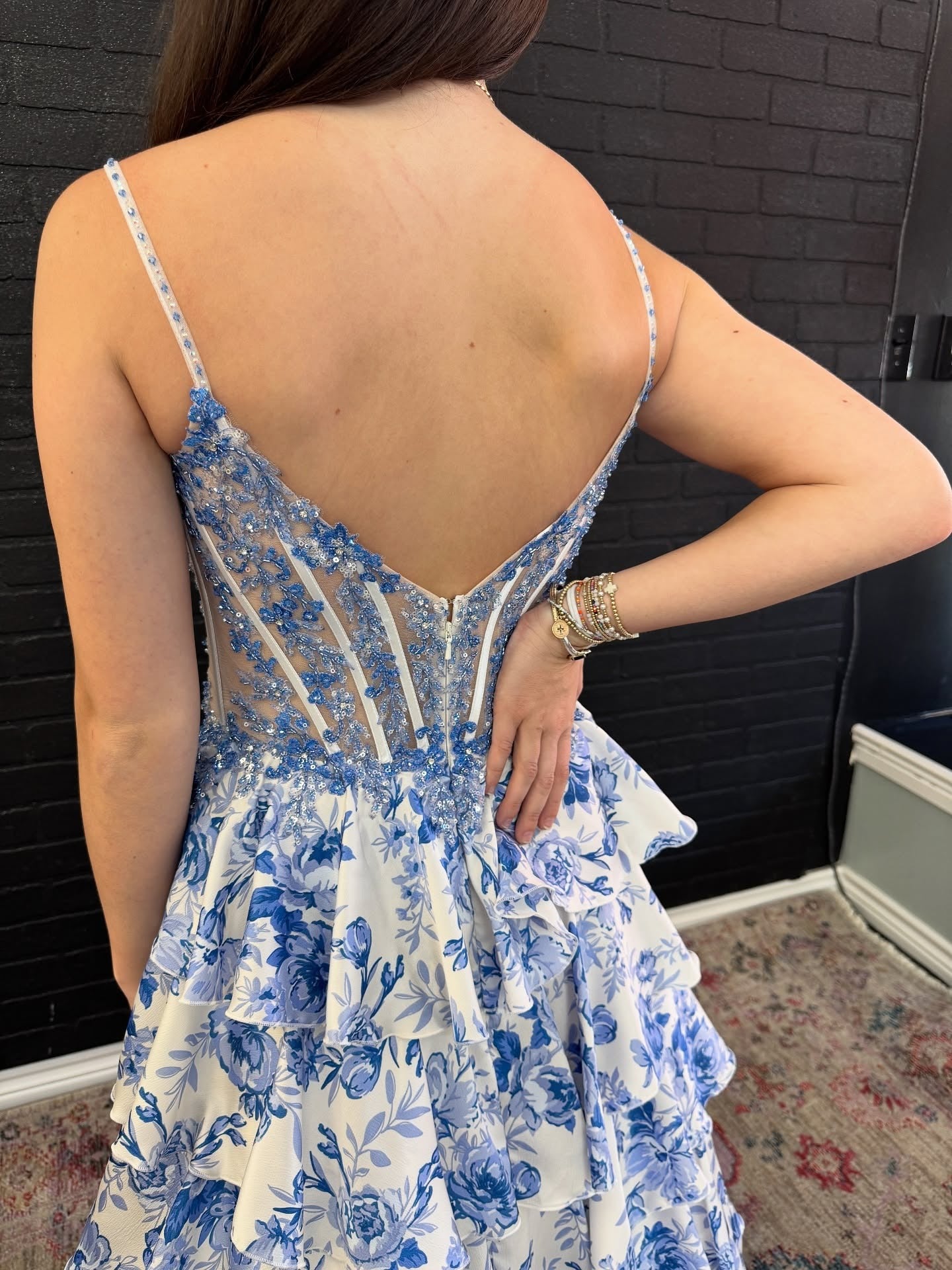 A Line Sweetheart Corset Prom Dresses Long Chiffon Ruffle Beaded Party Dress with Slit HE1034