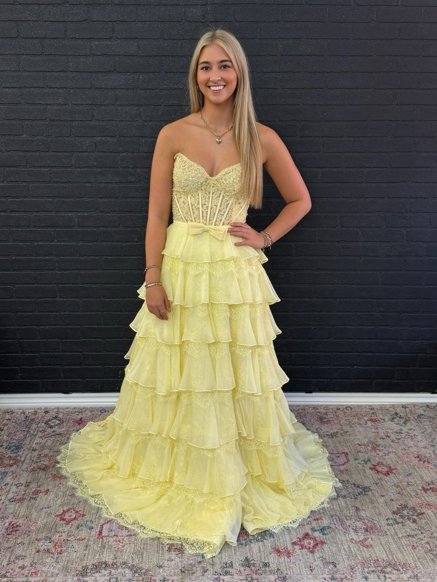 A Line Corset Sweetheart Chiffon Long Prom Dresses Lace Ruffled Party Gowns for Women HE1036