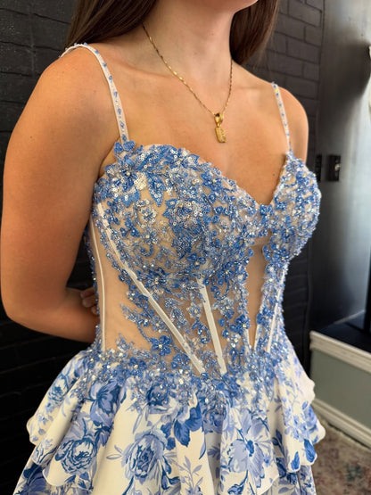 A Line Sweetheart Corset Prom Dresses Long Chiffon Ruffle Beaded Party Dress with Slit HE1034