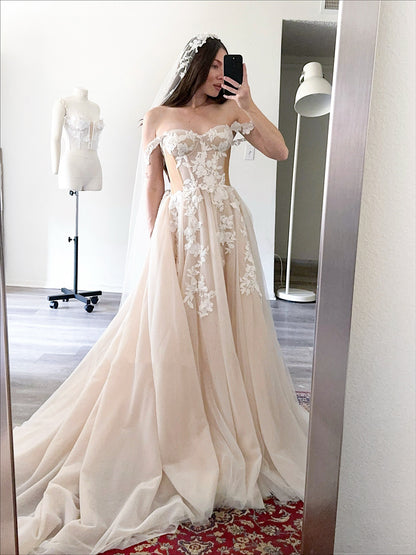 Off Shoulder A Line Champagne Wedding Gowns Tulle Boho Wedding Dress for Bride HE1107