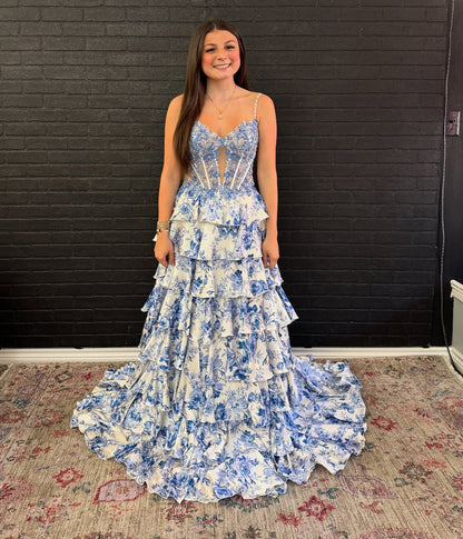 A Line Sweetheart Corset Prom Dresses Long Chiffon Ruffle Beaded Party Dress with Slit HE1034