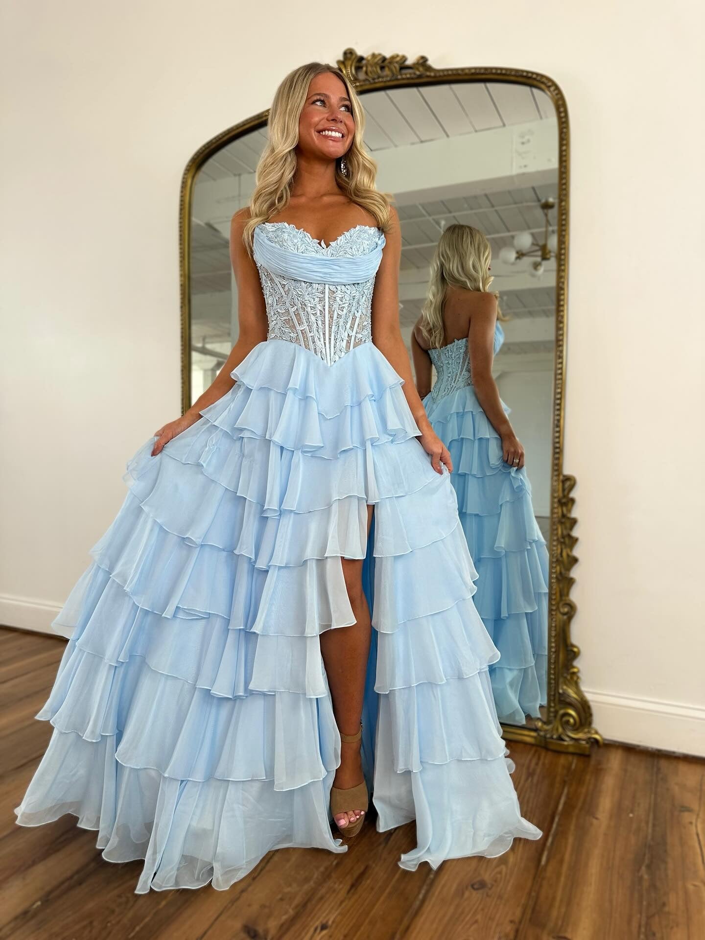 Women's A Line Chiffon Ruffled Long Prom Dresses Sweetheart Corset Party Gowns with Slit HE1035