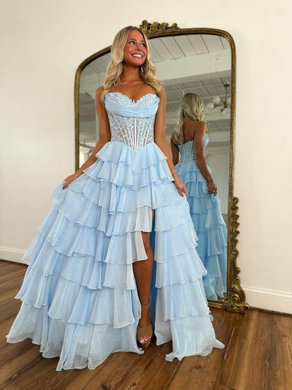 Women's A Line Chiffon Ruffled Long Prom Dresses Sweetheart Corset Party Gowns with Slit HE1035