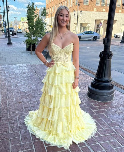 A Line Corset Sweetheart Chiffon Long Prom Dresses Lace Ruffled Party Gowns for Women HE1036