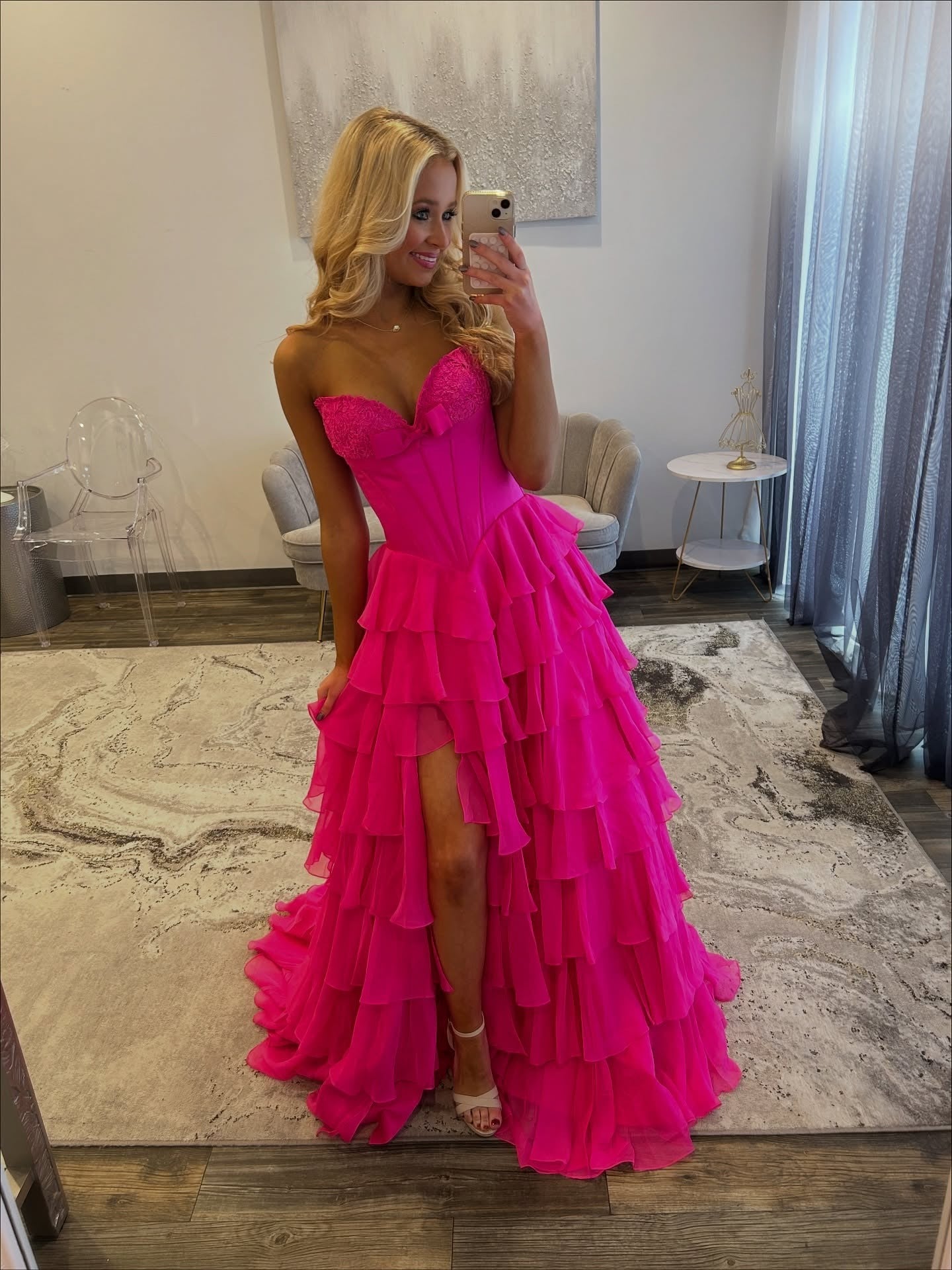 Women's A Line Chiffon Ruffled Prom Dresses Long Corset Appliqued Evening Dress with Split HE1029