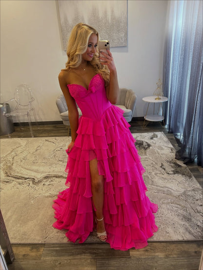 Women's A Line Chiffon Ruffled Prom Dresses Long Corset Appliqued Evening Dress with Split HE1029
