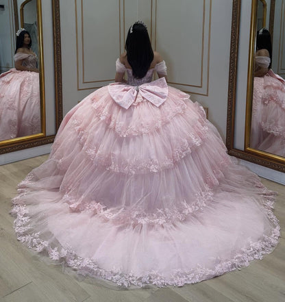 Princess Ball Gown Lace Appliqued Sweet 16 Pink Quinceanera Dresses for Birthday HE1017