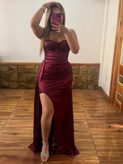 Sweetheart Corset Satin Beaded Prom Dresses Long Strapless Evening Gowns with Split HE1096