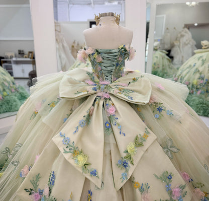 Luxury Tulle 3D Flower Green Quinceanera Dresses Sweet 16 Birthday Party Dresses with Ruffled HE1052