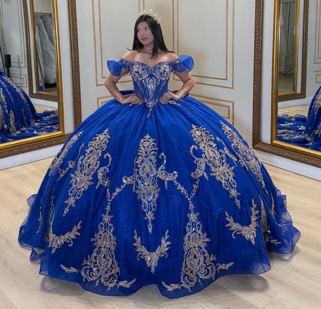 Sweet 16 Princess Blue Quinceanera Dresses Tulle Appliqued Birthday Party Gowns HE1068