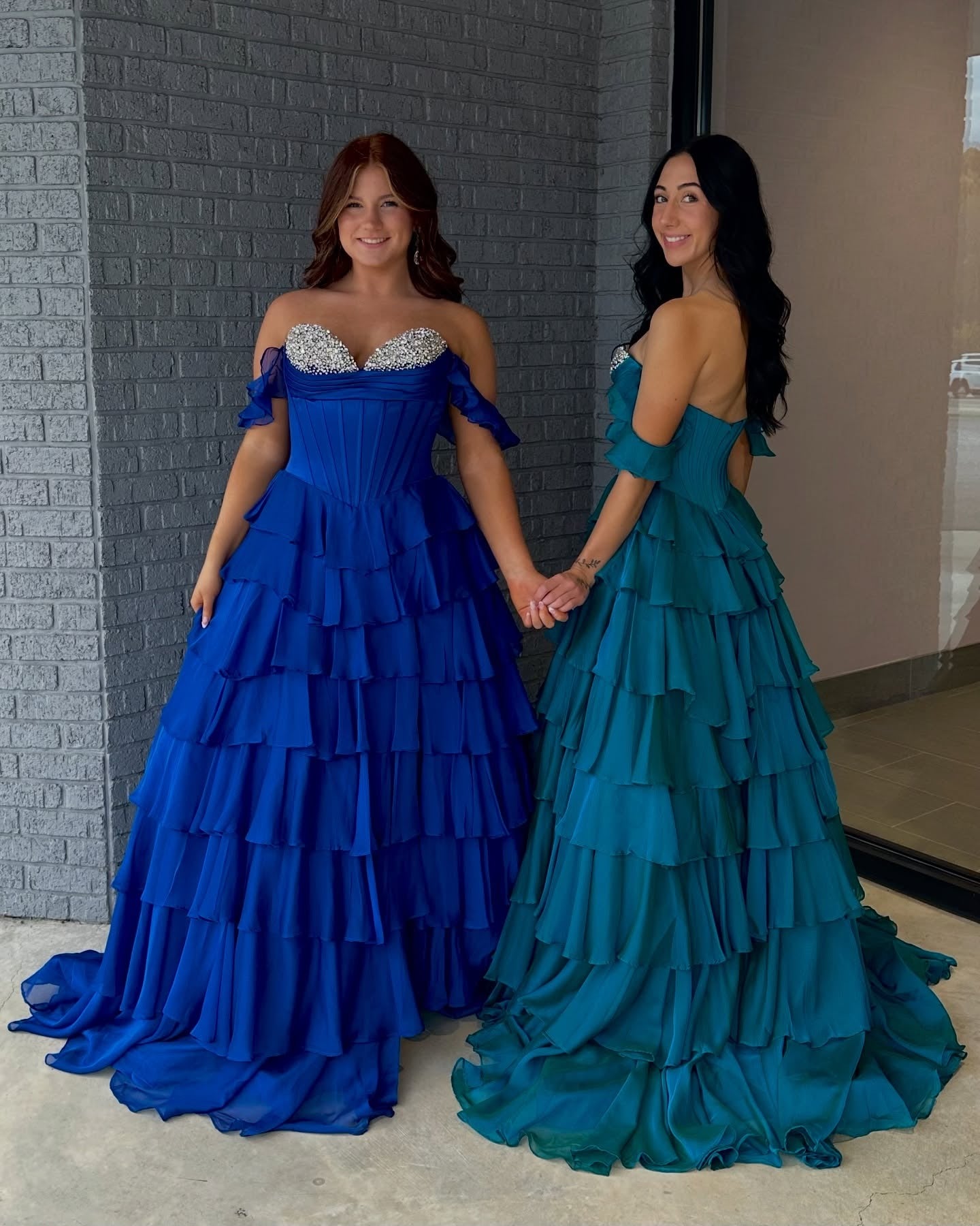 Off Shoulder A Line Chiffon Ruffled Long Prom Dresses Corset Beaded Party Gowns for Women HE1028