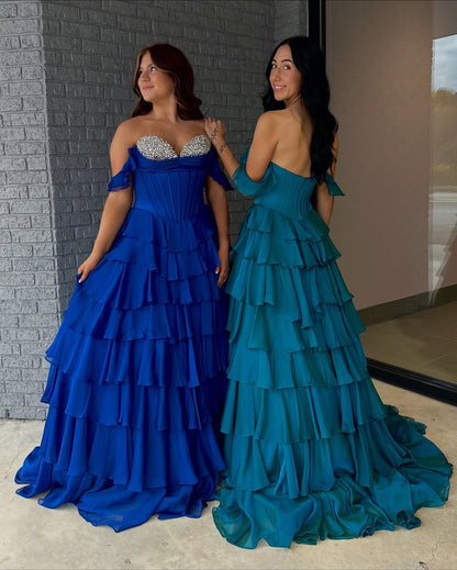 Off Shoulder A Line Chiffon Ruffled Long Prom Dresses Corset Beaded Party Gowns for Women HE1028