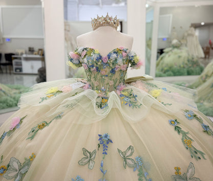 Luxury Tulle 3D Flower Green Quinceanera Dresses Sweet 16 Birthday Party Dresses with Ruffled HE1052