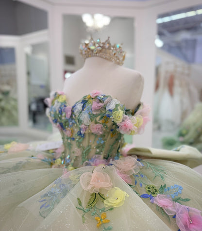 Luxury Tulle 3D Flower Green Quinceanera Dresses Sweet 16 Birthday Party Dresses with Ruffled HE1052