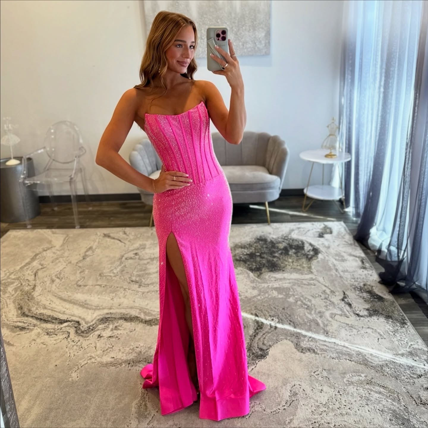 Sweetheart Glittery Sequin Beaded Corset Prom Dresses Long with Side Split HE1022