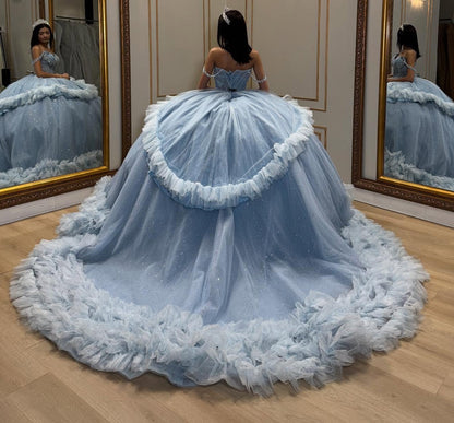 Off Shoulder Tulle Ruffles Blue Quinceanera Dresses Sweet 16 Princess Birthday Gowns HE1067