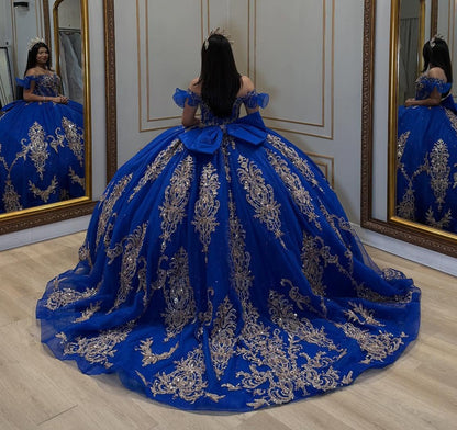 Sweet 16 Princess Blue Quinceanera Dresses Tulle Appliqued Birthday Party Gowns HE1068