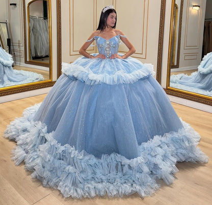 Off Shoulder Tulle Ruffles Blue Quinceanera Dresses Sweet 16 Princess Birthday Gowns HE1067