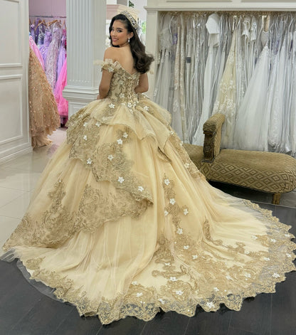 Princess Ball Gown Tulle 3D Flower Quinceanera Dresses Gold Sweet 16 Party Gowns HE1072