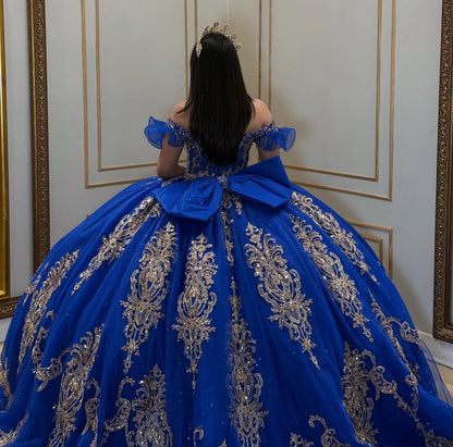 Sweet 16 Princess Blue Quinceanera Dresses Tulle Appliqued Birthday Party Gowns HE1068